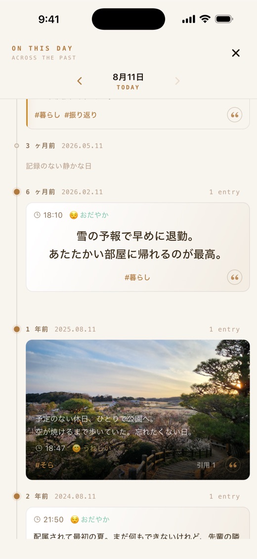 hibi の ON THIS DAY 画面。過去の同じ日付に書いた日記が並んでいる。